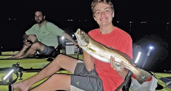 JT Miranda from Gaineville, GA bagged this trout with a free lined shrimp on a guided kayak fishing trip with Bay Bait’s Evan Soroka.