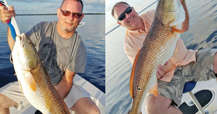 Joe & Lance catching bull reds on light tackle aboard the C-note boat.