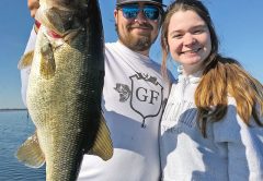 Laila Causey and Chandler Griffin from Albany, GA on a Lake Seminole fishing adventure. The bass, caught on an A rig, weighed over 7 pounds.