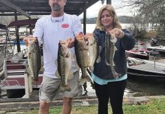 Talquin guide JR Mundinger and Julie Happersett with a nice bag of Talquin bass taken from the lily pads.