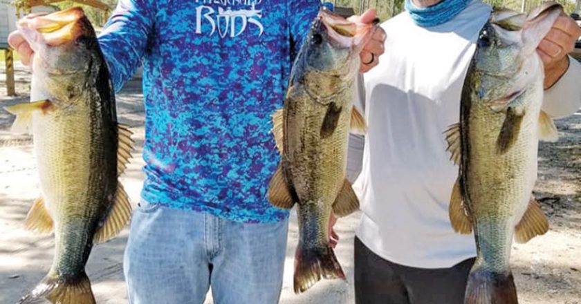 Tyler Suddarth and Steve Young with their 3-fish limit weighing in at 13 pounds of Seminole bass winning this West Side Team Trail event.