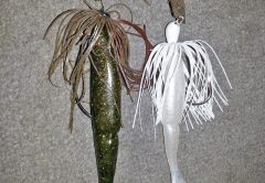 A Gambler Big EZ swim bait and a bladed jig tipped with a Gambler Little EZ