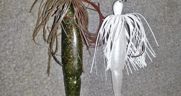 A Gambler Big EZ swim bait and a bladed jig tipped with a Gambler Little EZ