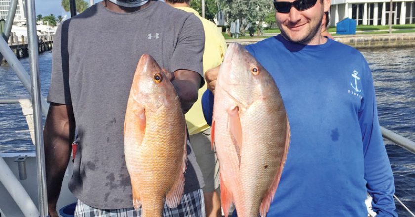 Evan and Mike with a couple nice snappers caught deep sea fishing aboard Catch My Drift.