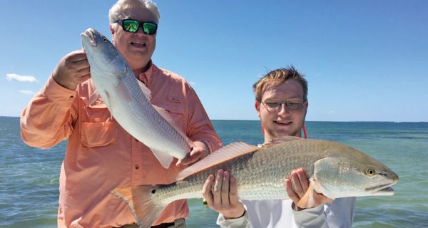 Frank Sr. and Frank Jr., here from Tennessee, doubled on a pair of over slot redfish on a morning trip.