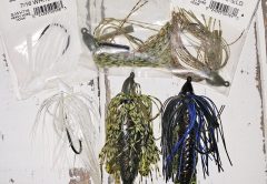 Gambler Lures Southern Swim Jig and Booyah Boo Jigs tipped with a Gambler Burner Craw, Big Bite Baits Fighting Frog and a swimbait.