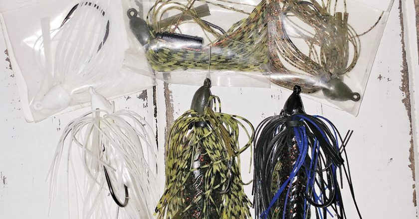 Gambler Lures Southern Swim Jig and Booyah Boo Jigs tipped with a Gambler Burner Craw, Big Bite Baits Fighting Frog and a swimbait.