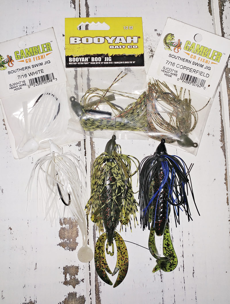 Gambler Lures Southern Swim Jig and Booyah Boo Jigs tipped with a Gambler Burner Craw, Big Bite Baits Fighting Frog and a swimbait.