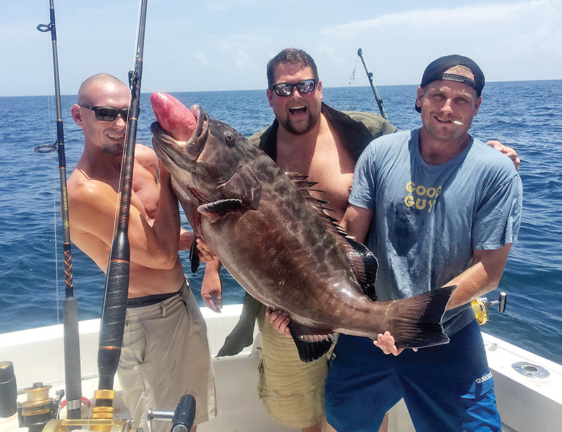 Capt Brett and Clay of Fishing Headquarters with a monster  black grouper caught deep dropping over a wreck.
