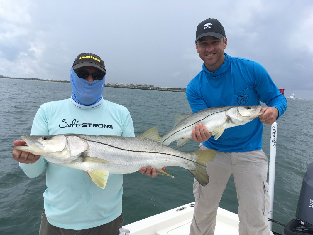 Rick Renfroe and John Denninghoff landed this nice pair of snook on live baits at the Canaveral jetty.