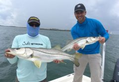 Rick Renfroe and John Denninghoff landed this nice pair of snook on live baits at the Canaveral jetty.