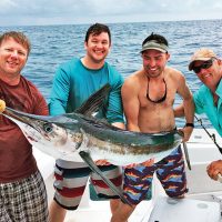 Travis Poole reeled in this marlin aboard Capt. Nathan Graben’s “Reef Dog” while competing in the Legendary Maine Grand Lagoon Grand Slam. Wahoo, tuna and dolphin were the target species but this and other marlin they caught made it a great time. Left to right: Shane Wutzke, Josh Mayfield, Travis Poole and Sal Albano.