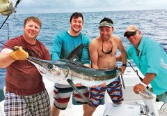 Travis Poole reeled in this marlin aboard Capt. Nathan Graben’s “Reef Dog” while competing in the Legendary Maine Grand Lagoon Grand Slam. Wahoo, tuna and dolphin were the target species but this and other marlin they caught made it a great time. Left to right: Shane Wutzke, Josh Mayfield, Travis Poole and Sal Albano.