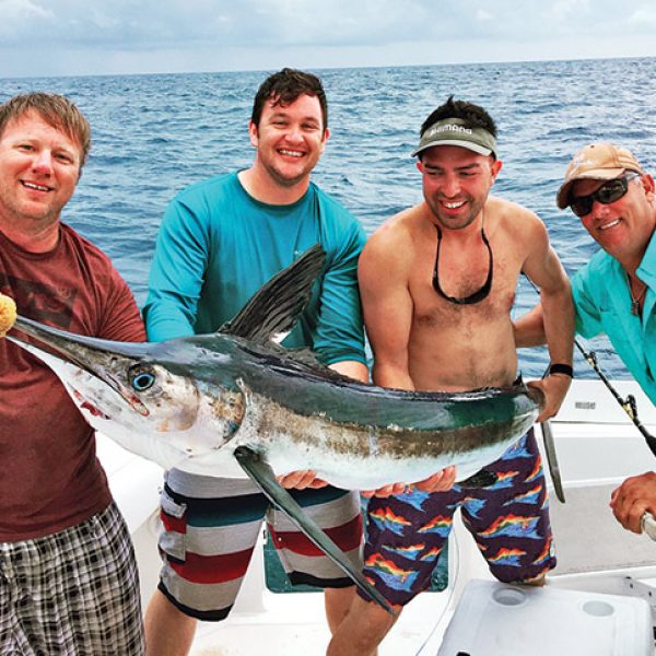 Travis Poole reeled in this marlin aboard Capt. Nathan Graben’s “Reef Dog” while competing in the Legendary Maine Grand Lagoon Grand Slam. Wahoo, tuna and dolphin were the target species but this and other marlin they caught made it a great time. Left to right: Shane Wutzke, Josh Mayfield, Travis Poole and Sal Albano.