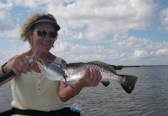 Brenda’s smile says it all! Live shrimp under a float allowed her to catch several trout and redfish recently with Capt. Mark Wright.