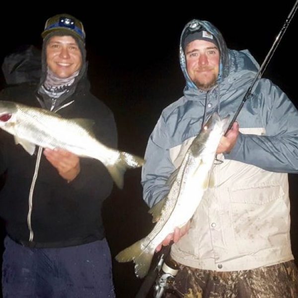 Friends William Hawley and Justin Ritchey doubled up on Snook from Sebastian Inlet both caught on a custom bucktail from T&Alures.