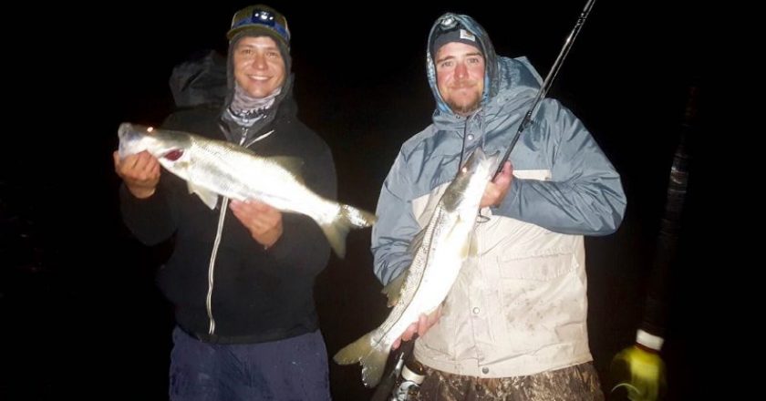 Friends William Hawley and Justin Ritchey doubled up on Snook from Sebastian Inlet both caught on a custom bucktail from T&Alures.