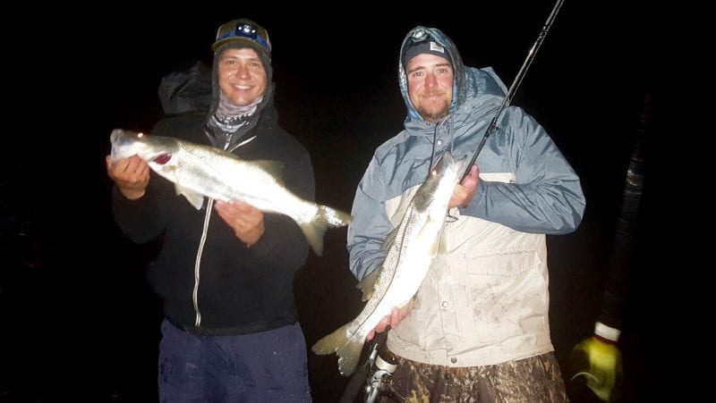 Friends William Hawley and Justin Ritchey doubled up on Snook from Sebastian Inlet both caught on a custom bucktail from T&Alures.