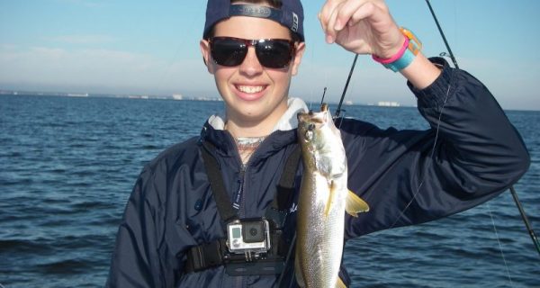 Jesse showing off a very nice weakfish he caught on a recent family outing. Well over a hundred fish boated and released!