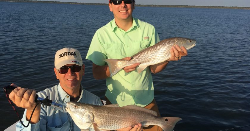 Redfish like this pair that hit live free-lined shrimp, may be possible on the shallow flats if the waters stay relatively clear and baitfish are present.