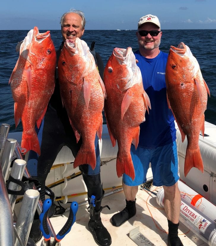 Dr. John Brown and Dr. Tom Roberts picked off some amazing red snapper while spearfishing in 130 ft water off Orange Beach, AL.