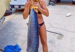 Jim and Leah Pisarski caught this 4 foot 7 inch wahoo off Boynton inlet on Friday the 13th 2018. One day after their 32nd wedding anniversary