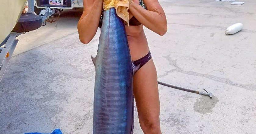 Jim and Leah Pisarski caught this 4 foot 7 inch wahoo off Boynton inlet on Friday the 13th 2018. One day after their 32nd wedding anniversary