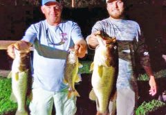BIG Bass (9 lb/11 oz) and 1st Place Winners, Hagan (BB) and Ron Dowdy, displaying their winning catch (Total 16lbs/14 oz) caught on Lake Juliana on Thursday, May 31st.