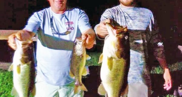 BIG Bass (9 lb/11 oz) and 1st Place Winners, Hagan (BB) and Ron Dowdy, displaying their winning catch (Total 16lbs/14 oz) caught on Lake Juliana on Thursday, May 31st.