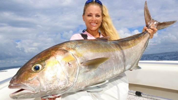 Darcizzle caught a big amberjack on a live goggle eye bump trolling out of Palm Beach
