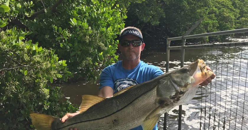 Neil McConnell at Lake Worth Spillway with 46 inch 32 lbs snook