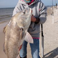 Colleen Rhyde, from upstate NY, Caught this 30 lb. Redfish in mid-December at Fort Morgan.