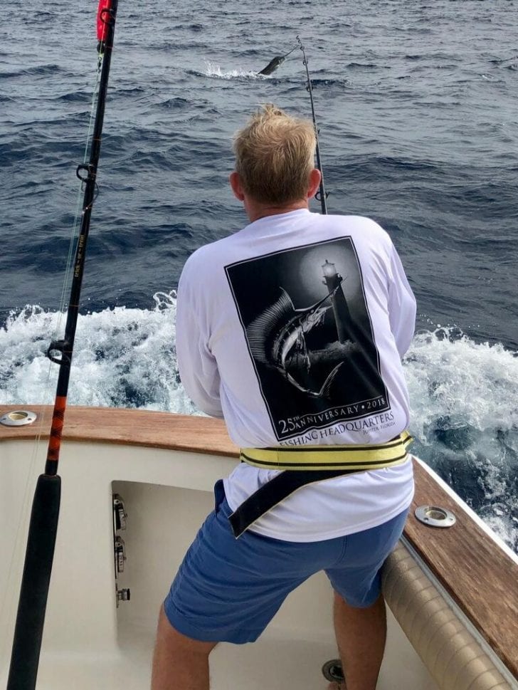 Ed Bourne form Kentucky with his first sailfish out of Jupiter on Trick or Treat Sportfishing