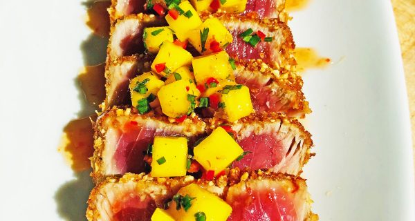 Tuna with mango salsa and sweet chili glaze