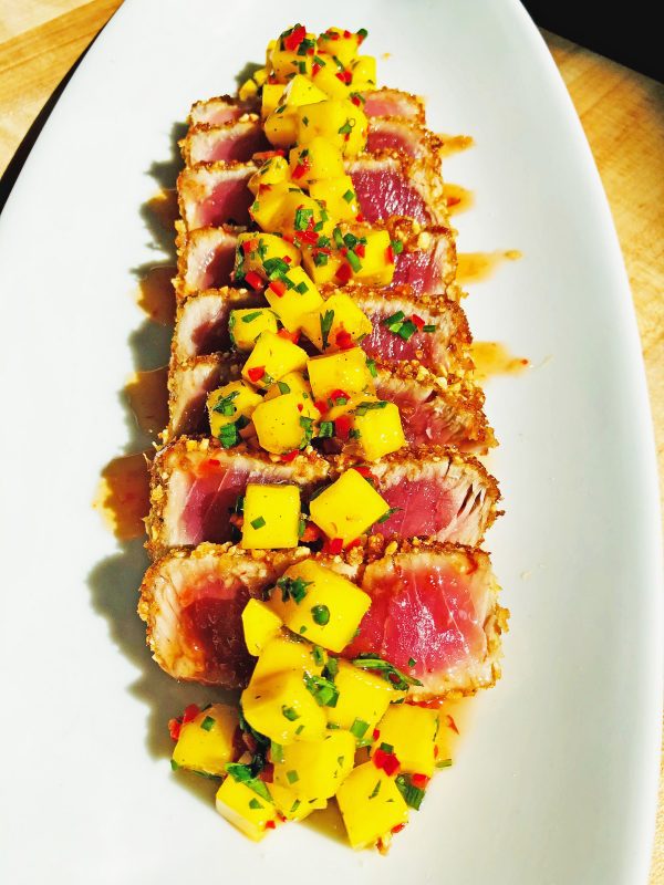 Peanut Encrusted Tuna with a Mango Salsa and Sweet Chili Glaze