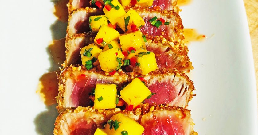 Tuna with mango salsa and sweet chili glaze