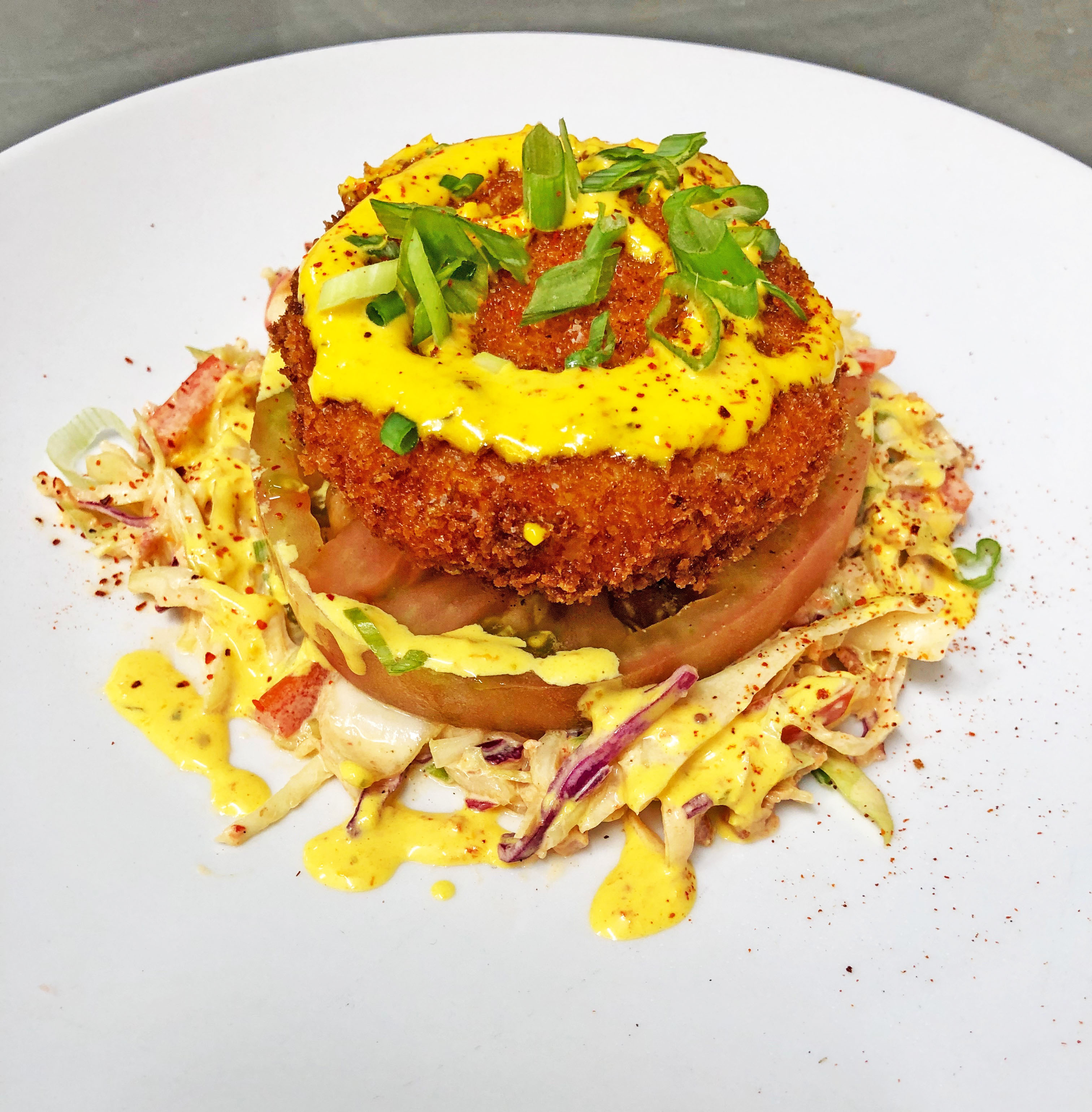 Crab and Goat Cheese Fritters , Creamy Bacon Slaw & Roasted Red Pepper