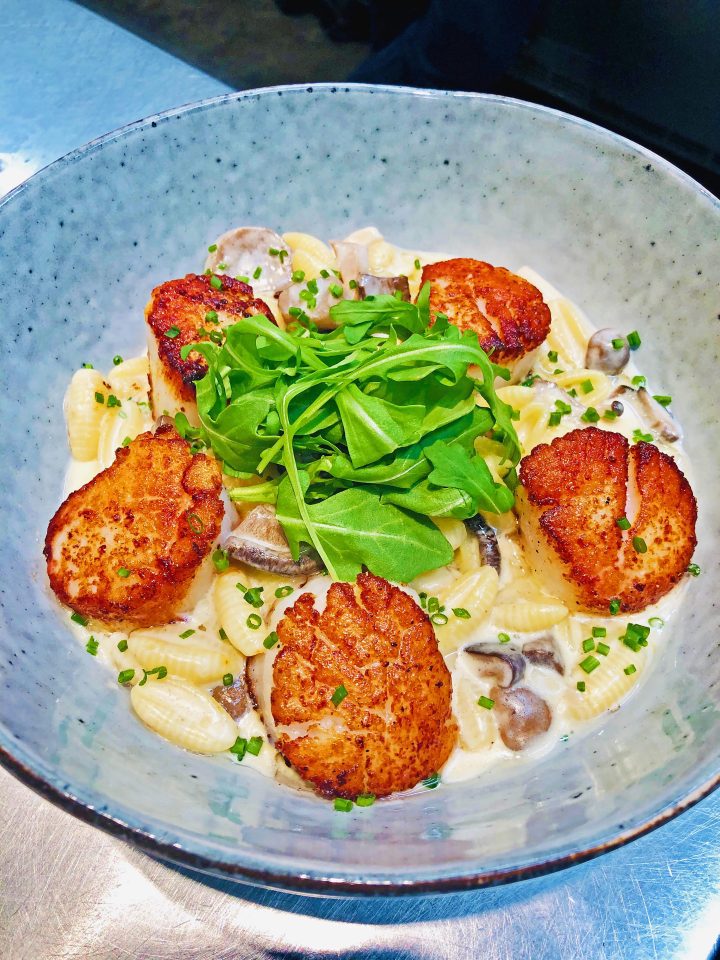 Seared Scallops with Cavatelli Pasta and a Truffle Mushroom Cream Sauce