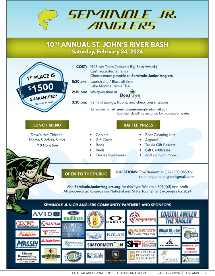 Saturday February 24th Seminole Jr. Anglers Annual St. Johns River