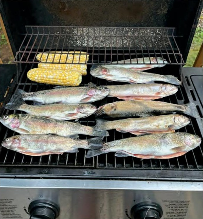 Whole rainbow trout lined up on a gas grill beside ears of corn on the cob
