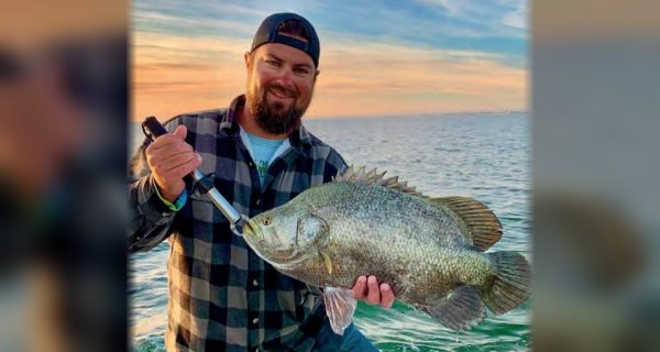 Capt. Marshall Wallot in a black cap and a plaid flannel shirt holding up a big tripletail with a fish grip, with calm water and an orange sunset sky behind him