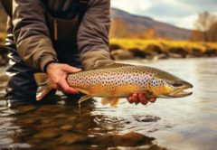 An angler in waders and a jacket holding a spotted brown trout at the surface of a river, with autumn hills behind