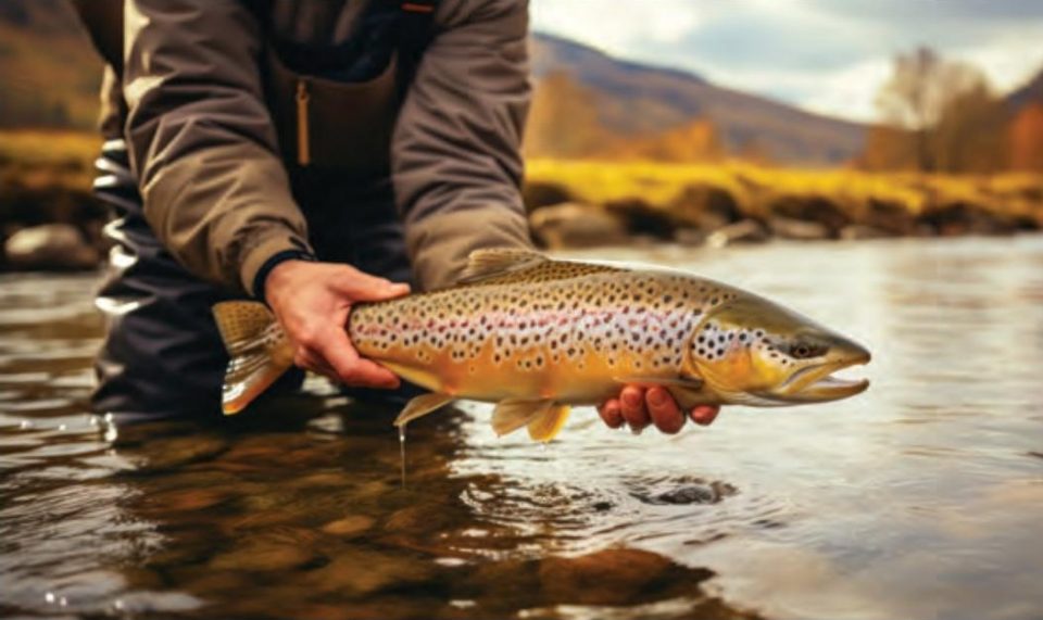 An angler in waders and a jacket holding a spotted brown trout at the surface of a river, with autumn hills behind