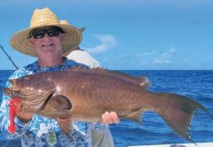An angler in a straw hat, sunglasses and a blue and white patterned shirt holding up a big grouper with a red jig in its mouth on a boat offshore