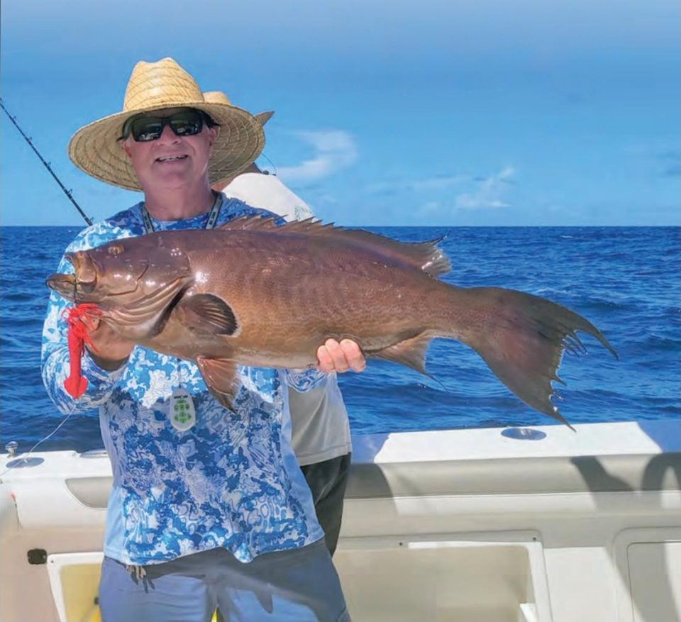 An angler in a straw hat, sunglasses and a blue and white patterned shirt holding up a big grouper with a red jig in its mouth on a boat offshore