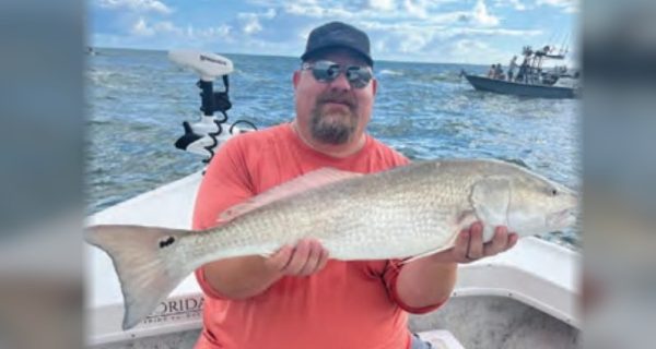 An angler in a cap, sunglasses and an orange shirt sitting on a boat holding a redfish, with a trolling motor, another boat and puffy white clouds behind him