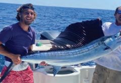 Two anglers on a boat offshore holding up a sailfish with its dark sail raised, one in a backward cap and purple shirt and the other in blue mirrored sunglasses