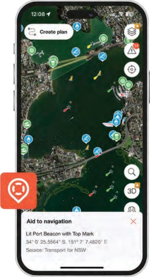 A smartphone showing the DECKEE boating app's satellite map with navigation markers, beside the app's orange life ring icon