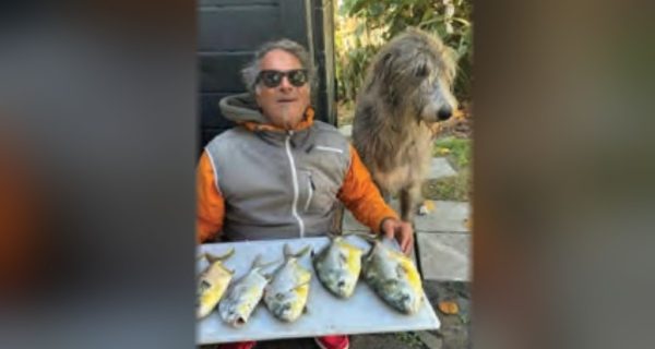 Marco Pompano in sunglasses and a gray and orange jacket holding a tray of five pompano, with a big shaggy gray dog beside him