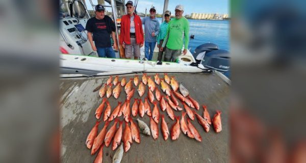 Five anglers standing on a boat at the dock behind a big spread of snapper and other bottom fish laid out on the dock